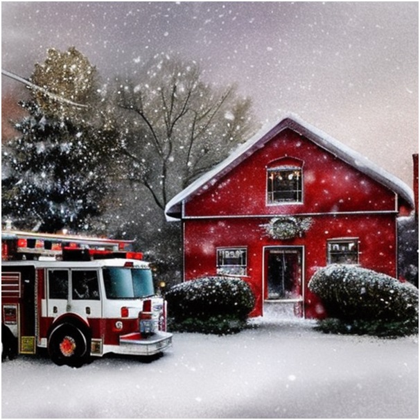A cozy winter scene of a small village firehouse