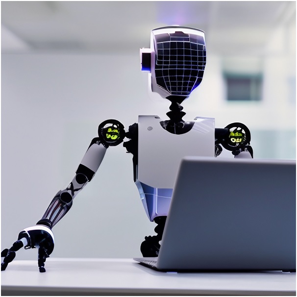 An image of a 3D robot using a laptop