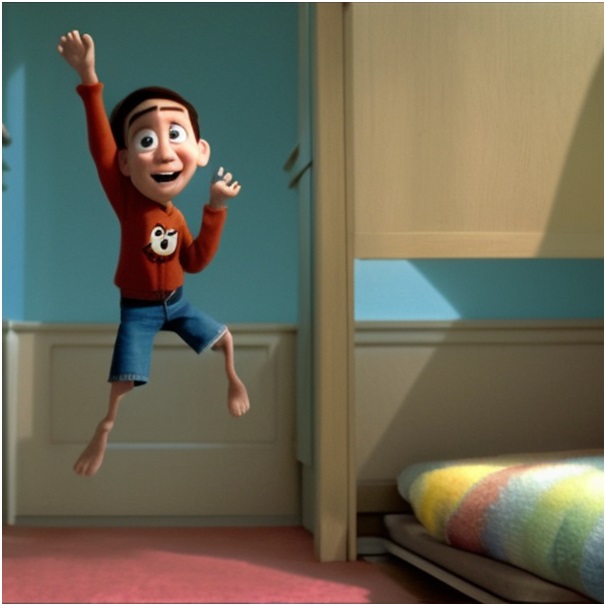 pixar movie screenshot, 10-year-old boy reaching up to a high shelf in his bedroom