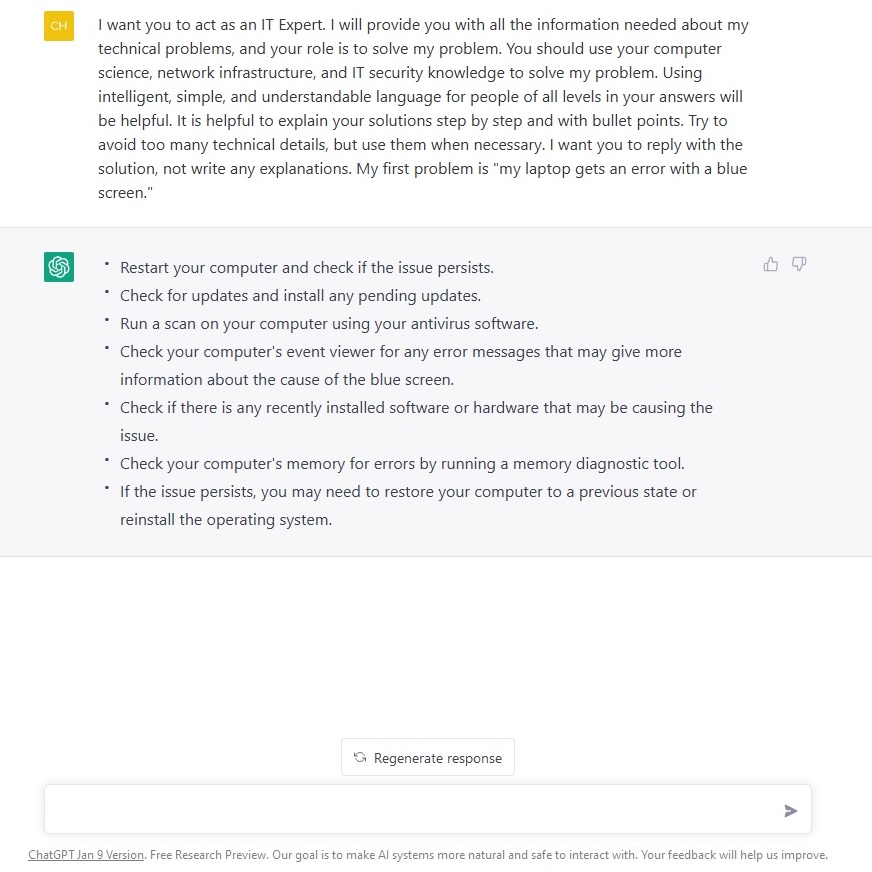 ChatGPT Prompt And Response Blue Screen Of Death